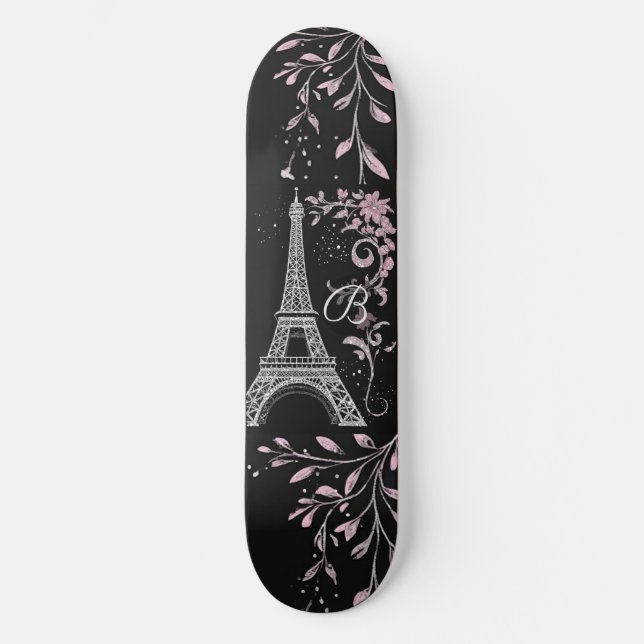 Skateboard Tour Eiffel Argent Nuit Parisienne Rose Pâle Chic (Recto)