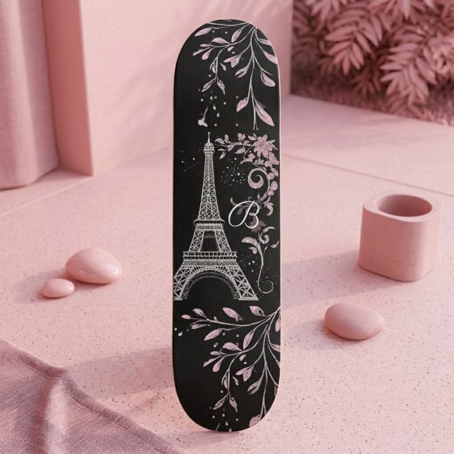 Skateboard Tour Eiffel Argent Nuit Parisienne Rose Pâle Chic (Parisian Night Silver Eiffel Tower Blush Pink Chic Skateboard)