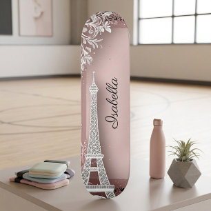 Skateboard Tour Eiffel Pailleté Rose Pâle Vintage Parisien
