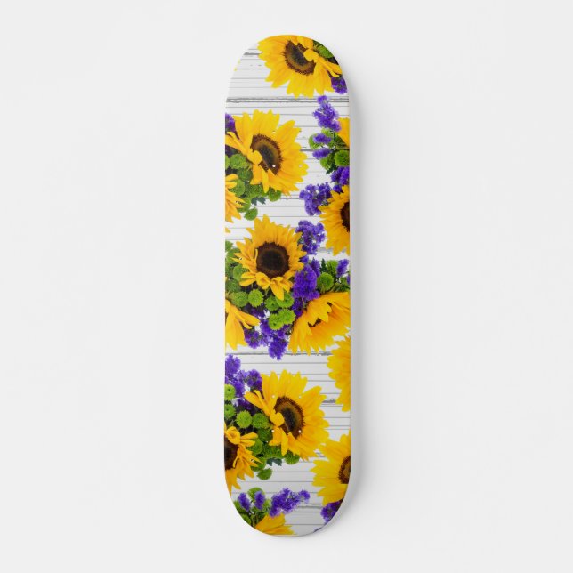 Skateboard Tournesol jaune pourpre en bois blanc rustique de (Devant)
