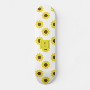 Skateboard Tournesol Monogramme Lettrage à la main Floral Chi
