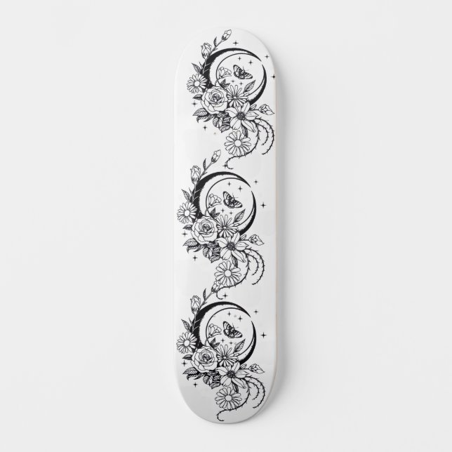 Skateboard Trendy Tattoo Style Floral Crescent Moon Deck (Recto)