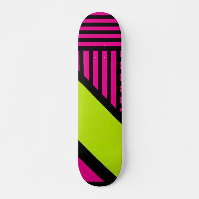 Skateboard Triangle rayures en vert citron, rose chaud et noi (Devant)