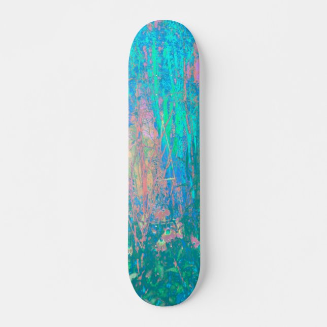 Skateboard Trippy Aqua Sunrise avec des fleurs psychédéliques (Devant)