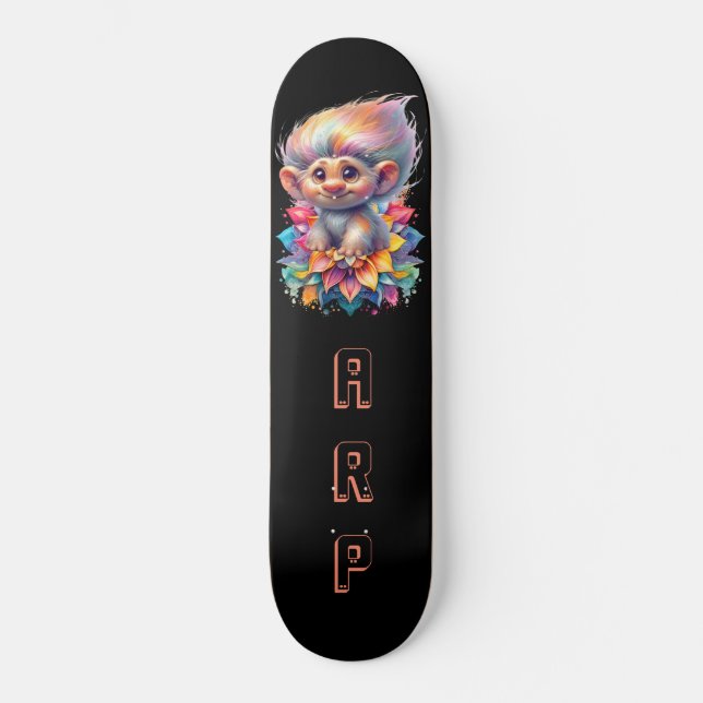 Skateboard *~* Troll doux AP89 Initiales noir néon Fleur (Recto)
