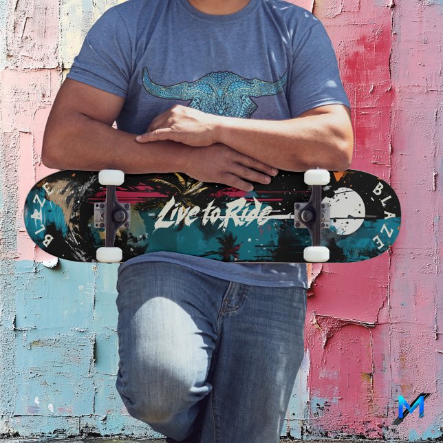 Skateboard Tropical Night Pop Art - Live to Ride Motto (Créateur téléchargé)