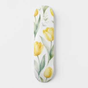 Skateboard Tulipes jaunes Peinture florale aquarelle Botaniqu
