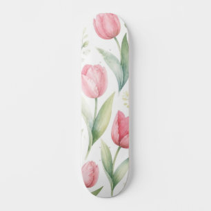 Skateboard Tulipes roses Peinture florale aquarelle botanique