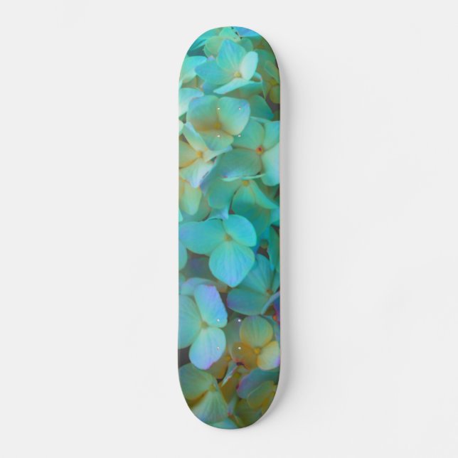 Skateboard Turquoise bleu jaune rose hydrangée fleurs florale (Recto)
