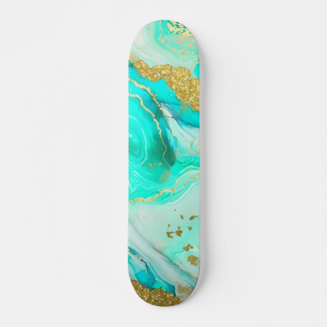 Skateboard Turquoise Blue Gold Marble Geode Encre d'alcool (Devant)