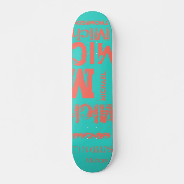 Skateboard Turquoise et vivant Coral Grunge Mot Cloud (Devant)