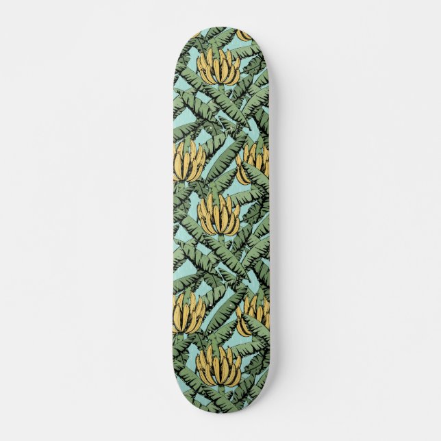 Skateboard Turquoise Tropical Jaune Bananes et Feuilles (Devant)