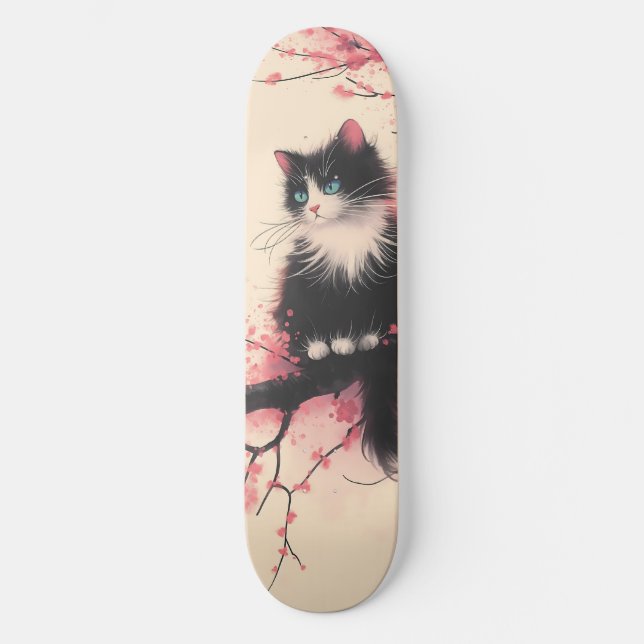 Skateboard Tuxedo Chat sur la fleur de cerise esthétique japo (Recto)