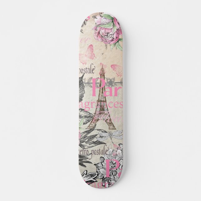 Skateboard Typo floral noir rose de Bohème de Tour Eiffel de (Devant)