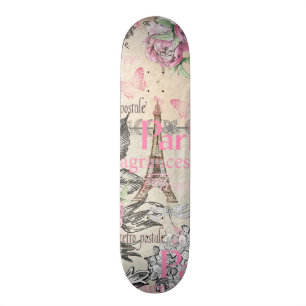 Skateboard Typo floral noir rose de Bohème de Tour Eiffel de