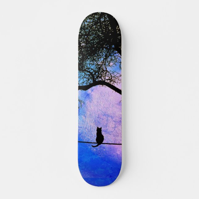 Skateboard Un chat noir sur une Pleine lune de fil (Devant)