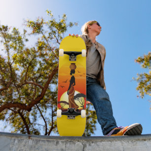 Skateboard Une belle femme africaine Silhouette sur les solei