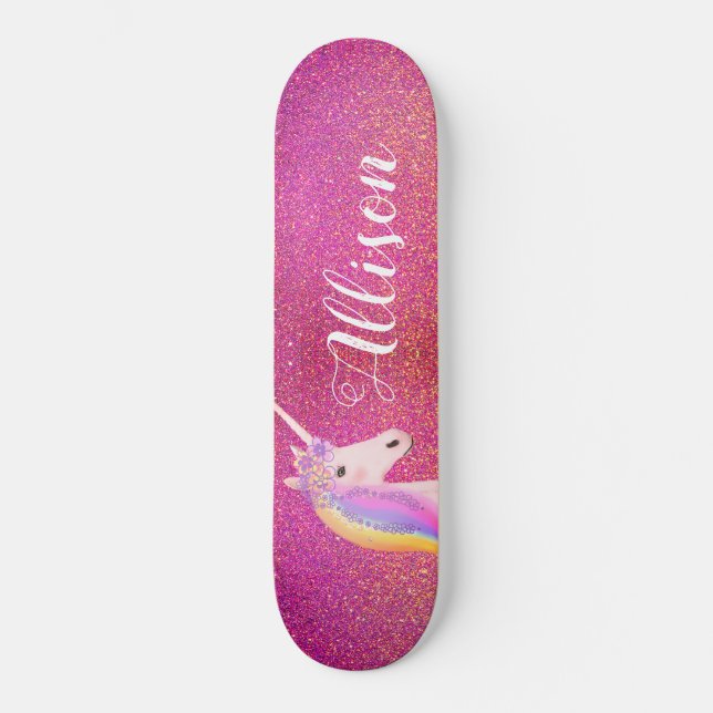 Skateboard Unicorn rose Parties scintillant or étincelles Per (Recto)