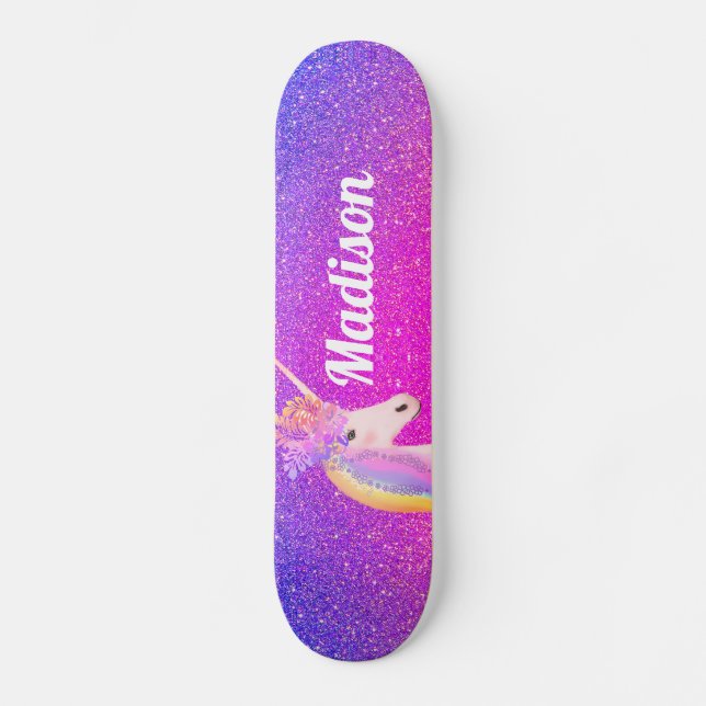 Skateboard Unicorn rose violet Parties scintillant étincelles (Recto)