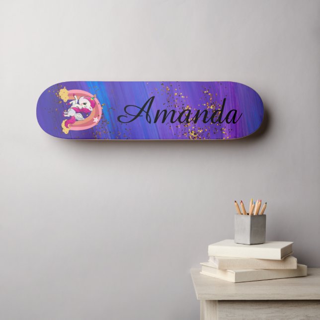 Skateboard Unicorne violette personnalisée (Art mural (Horz))