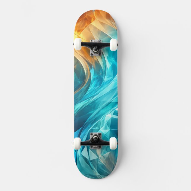 Skateboard Vague Cyan Orange Bas Poly Ondulatoire (Recto)