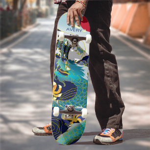 Skateboard Vagues bleues personnalisées Green Dragon Red Sun 