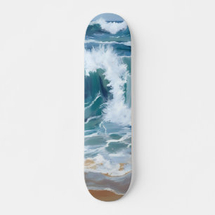 Skateboard Vagues de l'océan déferlantes   Aquarelle bleue cô