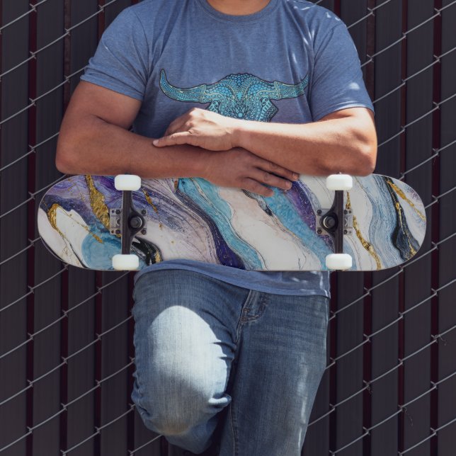 Skateboard Vagues de luxe en marbre d'or égéen (Extérieur 3)