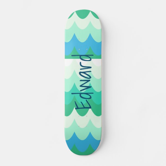 Skateboard Vagues géométriques bleues, vertes et Turquoises (Recto)