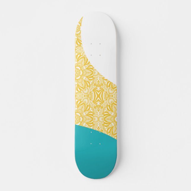 Skateboard Vagues simples - Motif floral Turquoise et Jaune (Devant)