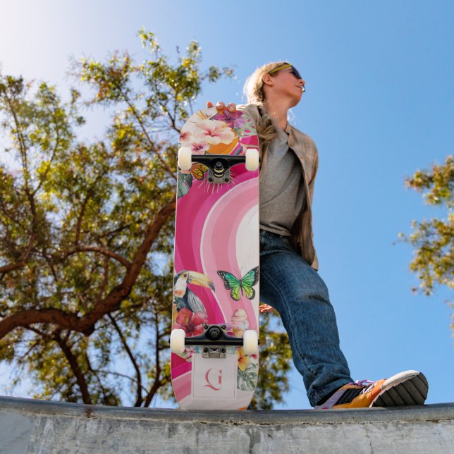 Skateboard Vibrant Flow | Monogramme Tropical Rétro Funky  (Extérieur 1)