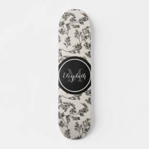 Skateboard Vintage Botanique Noir Motif Floral & Monogramme