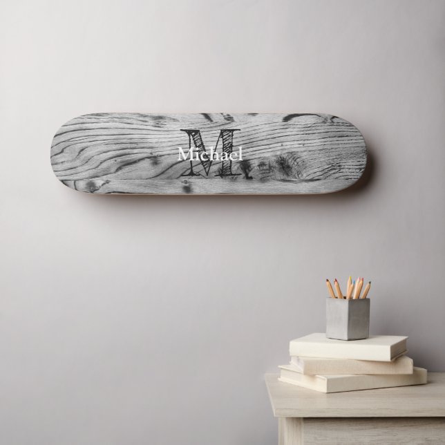 Skateboard Vintage rustique gris noir bois brûlé Monogramme (Art mural (Horz))