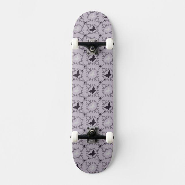 Skateboard Violet pourpre et papillons blancs tourbillonnent (Recto)