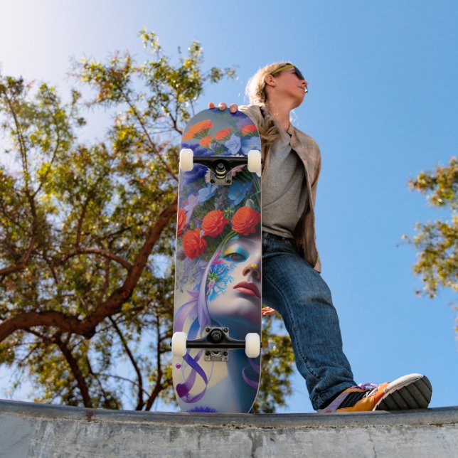 Skateboard Visage de femme avec des fleurs dans les cheveux (Extérieur 1)