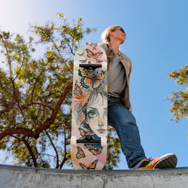 Skateboard Visage de fille avec papillons monarques en pastel (Extérieur 1)
