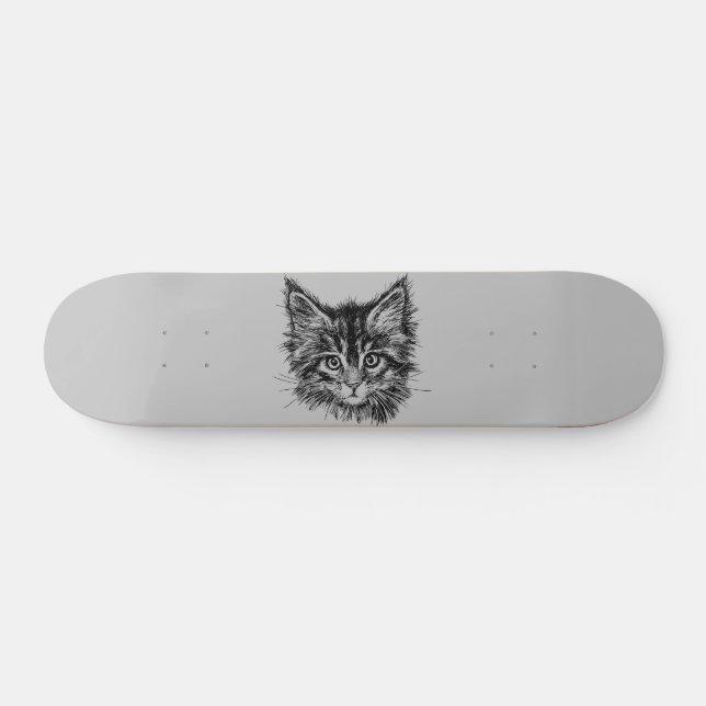 Skateboard Visage de Kitten noir et blanc sur gris (Horz)