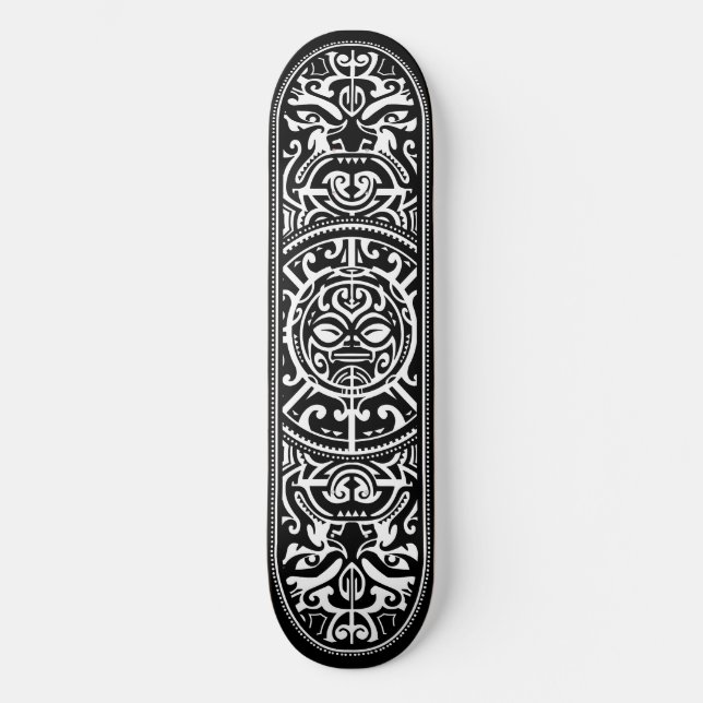 Skateboard Visage tribal polynésien noir et blanc (Recto)