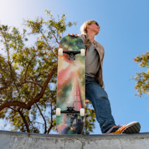 Skateboard Voyage en train au coucher de soleil tropical aqua