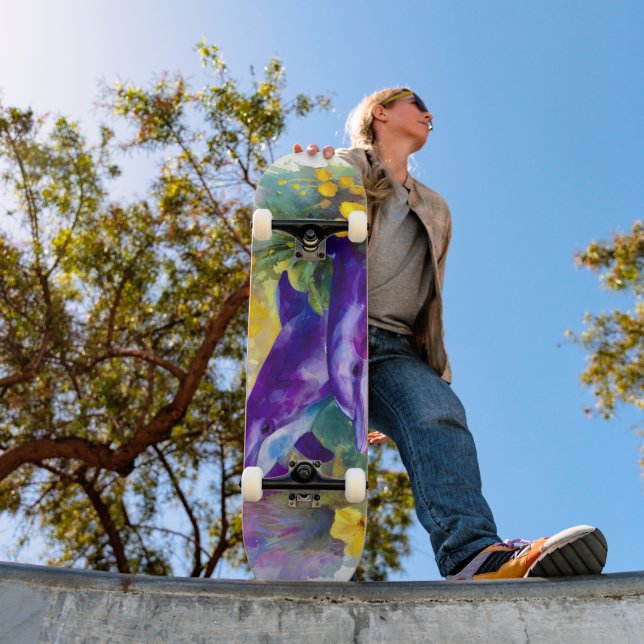 Skateboard Watercolor Ocean Dolphins Tropical Flowers (Extérieur 1)