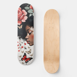 Skateboard Whimsical Black Girl avec Roses et papillons