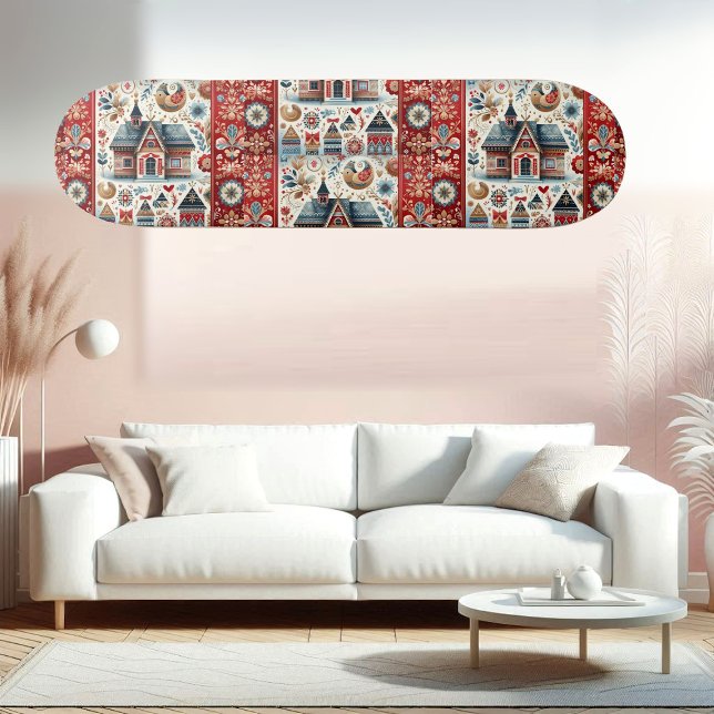 Skateboard Whimsical Village Home Nordic Folk Art Scandinavia (Whimsical Village Home Nordic Folk Art Scandinavia Skateboard)