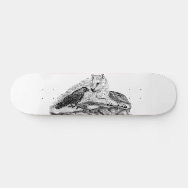 Skateboard Wolf and Raven black and white design (Horz)