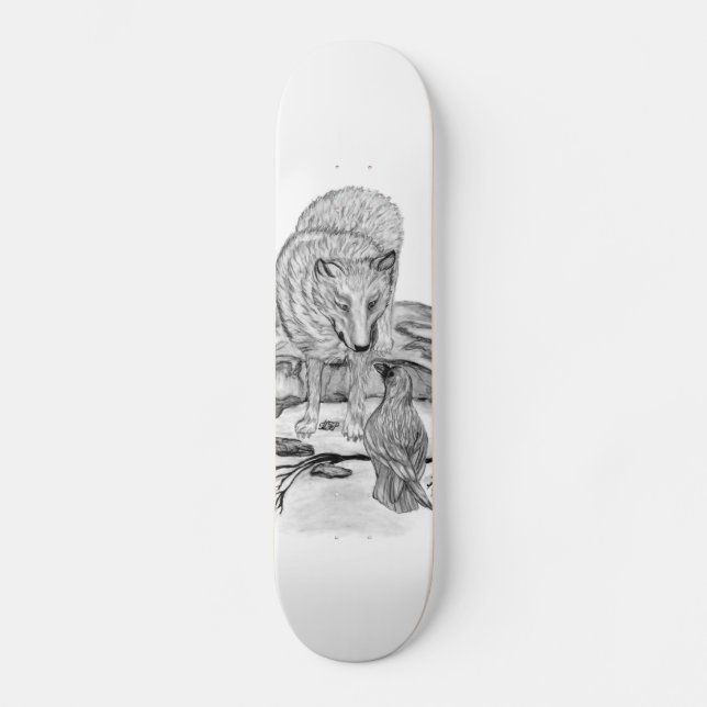 Skateboard Wolf and Raven black and white design (Recto)