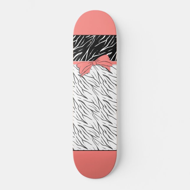 Skateboard Zèbre peau noir blanc tigre rayures de cuir rose (Recto)