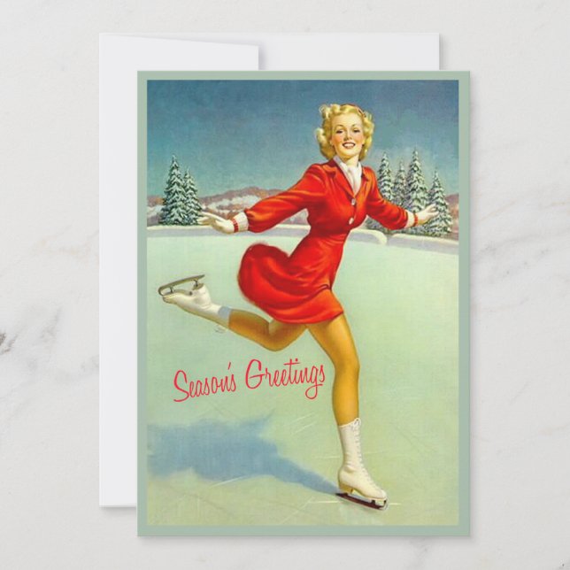 Skaters Valse Retro Carte de Noël Personnalisé Vin (Devant)