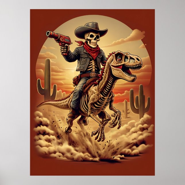Skeleton Cowboy équitation Dinosaure Poster - Sci- (Devant)