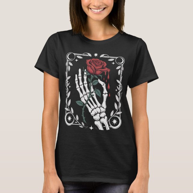 Skeleton Hand Holding Rose Gothic T-Shirt for Dark (Devant)