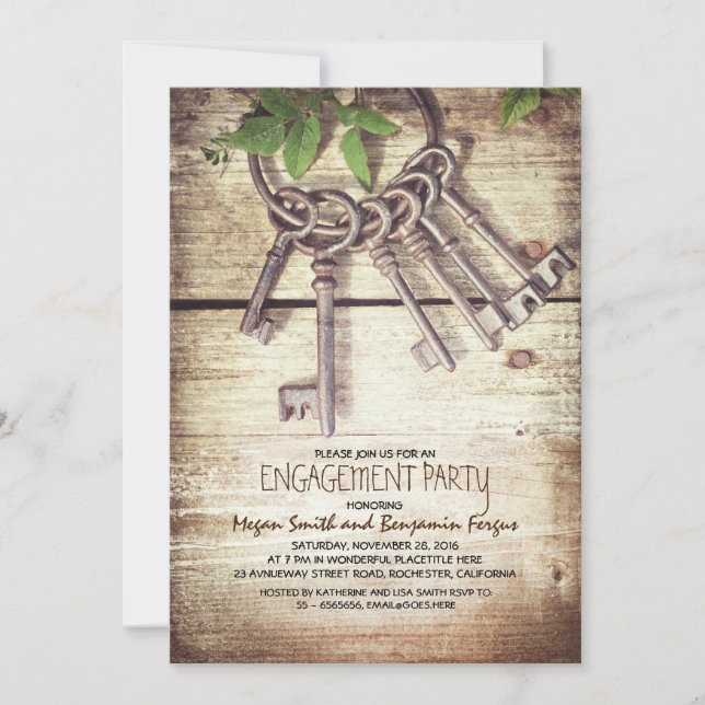 Skeleton Keys Rustic Engagement Party Invitations (Devant)