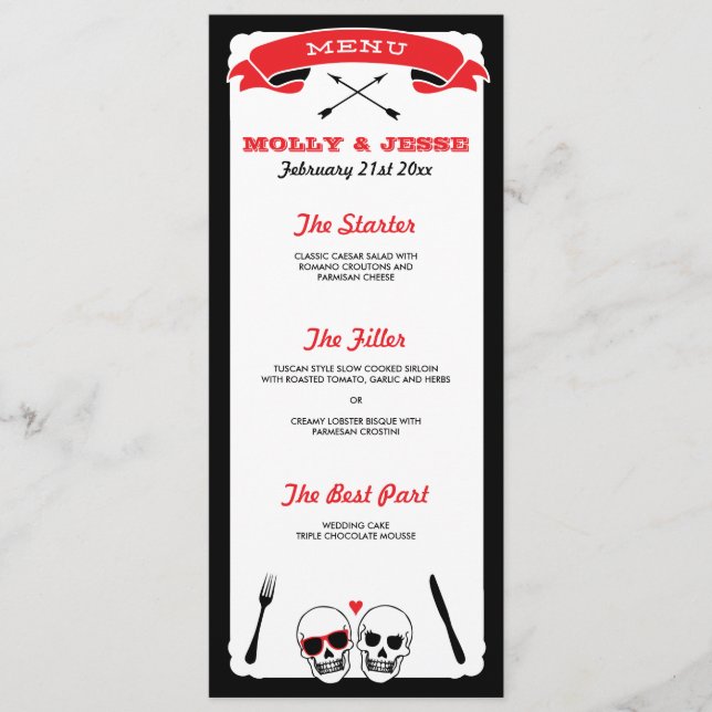 Skeleton Mariage Dinner Menu - Noir et Rouge (Devant)